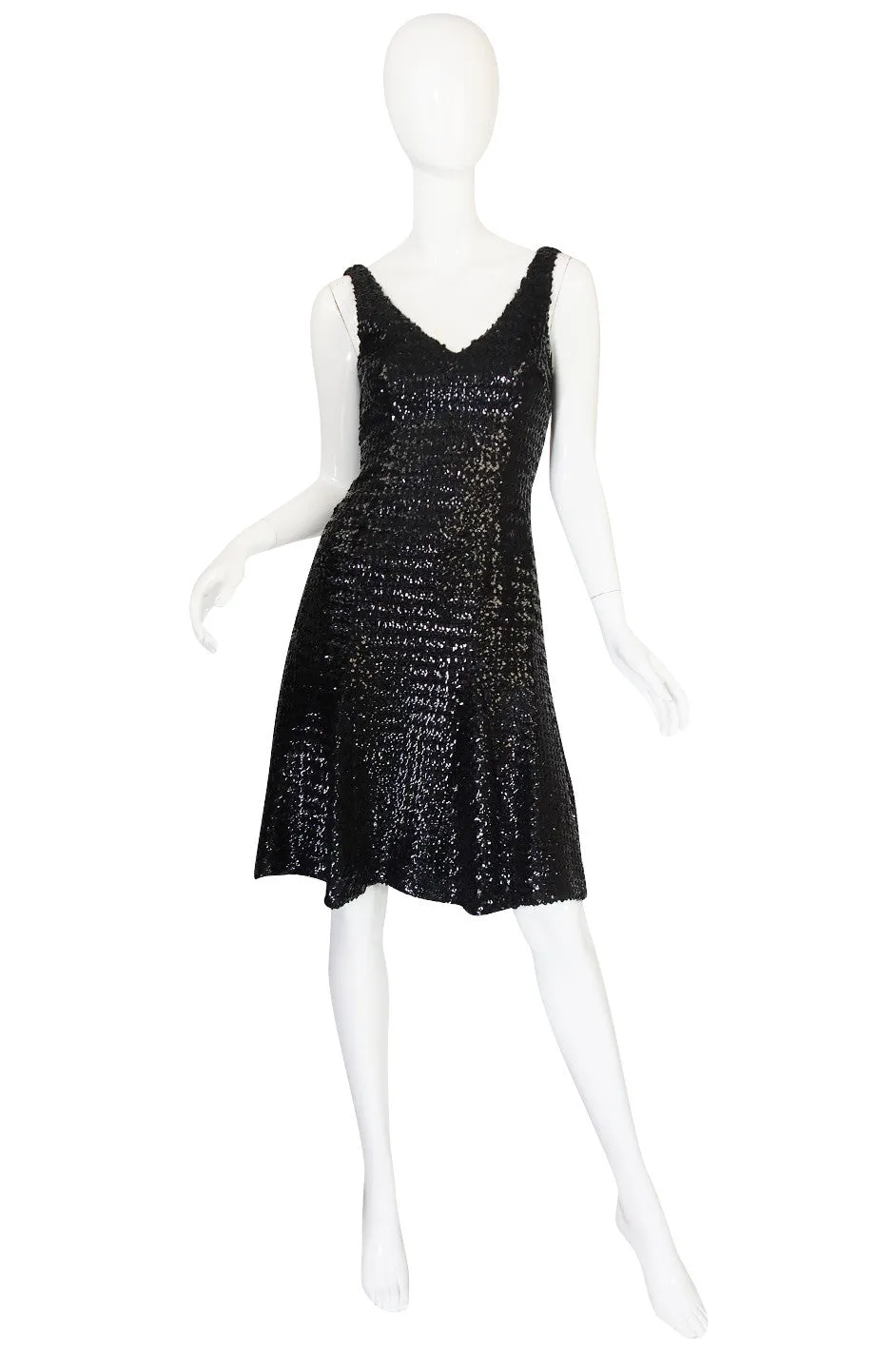 1970s Glossy Black Sequin Donald Brooks Dress