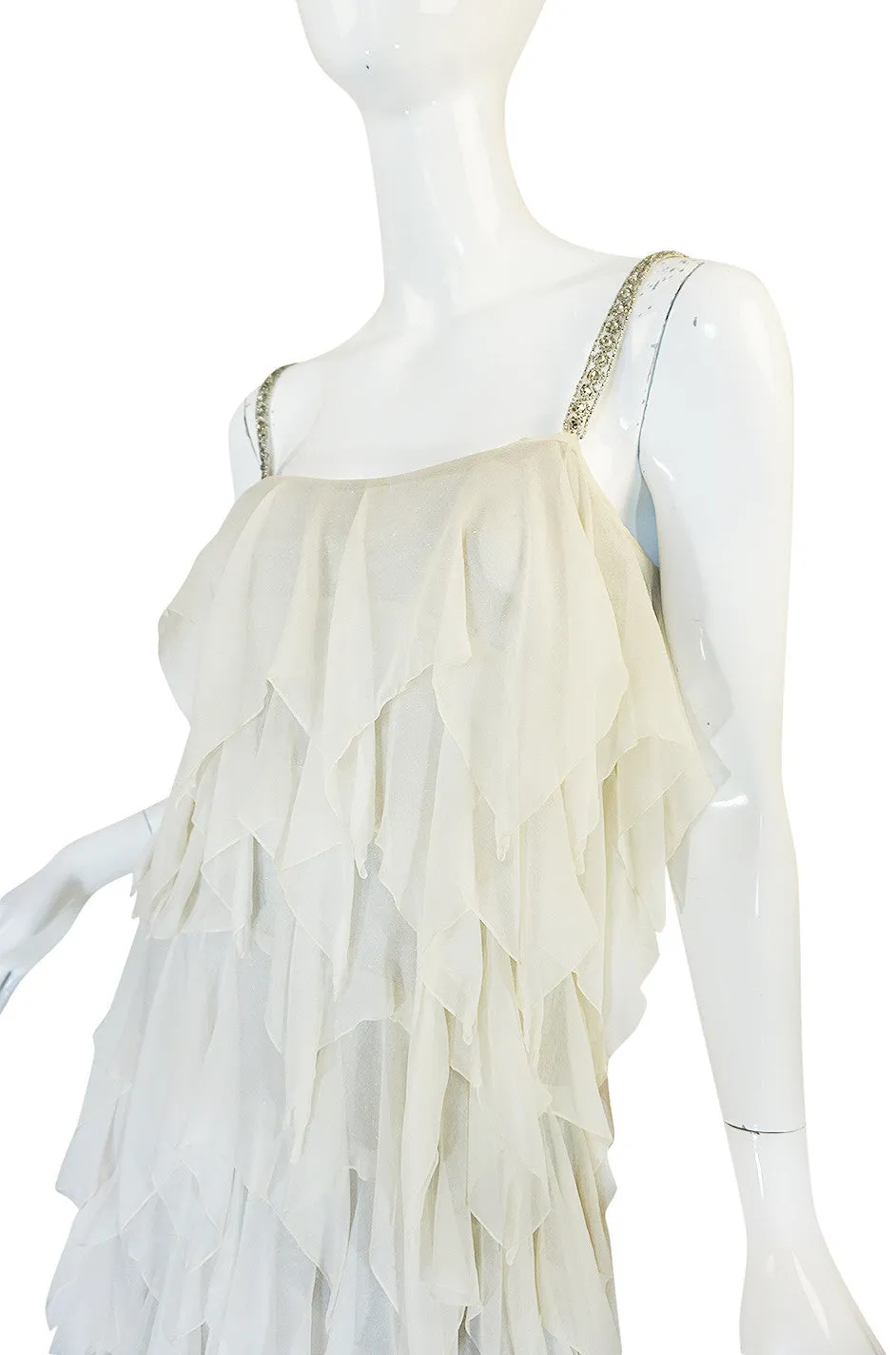 1970s Ivory Silk Chiffon & Silver Stavropoulos Petal Dress