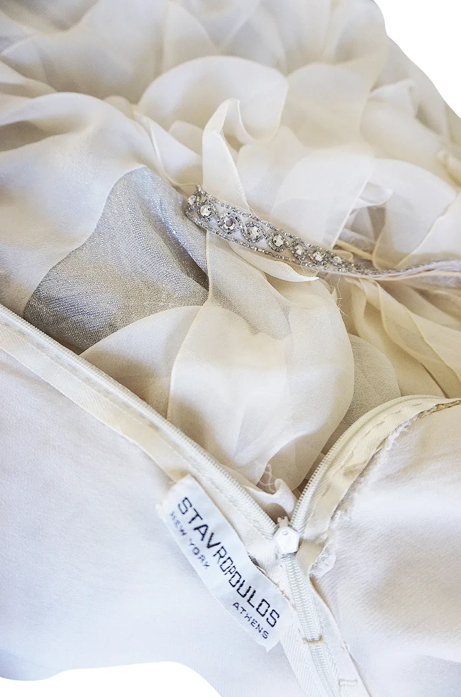 1970s Ivory Silk Chiffon & Silver Stavropoulos Petal Dress