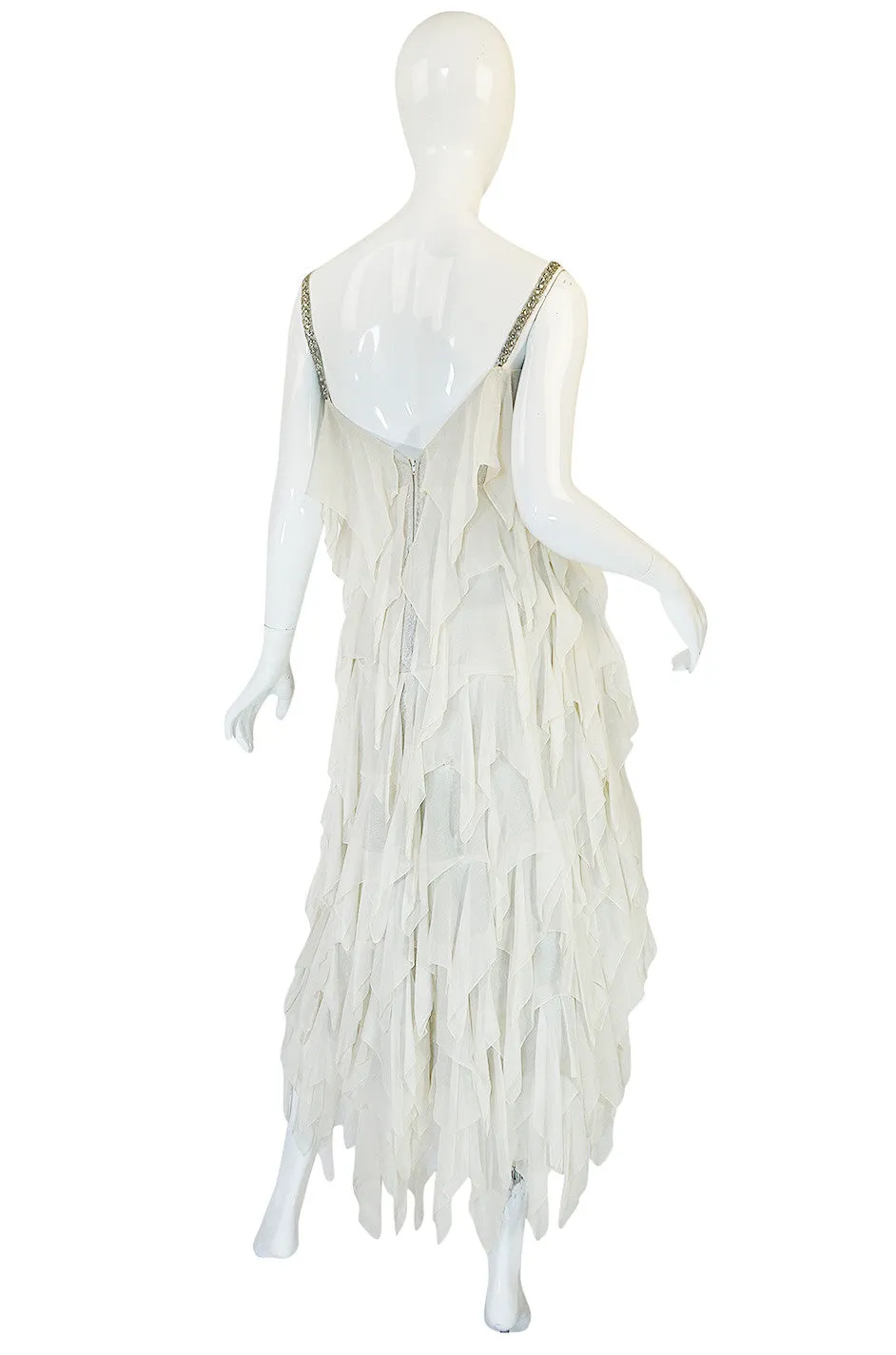 1970s Ivory Silk Chiffon & Silver Stavropoulos Petal Dress