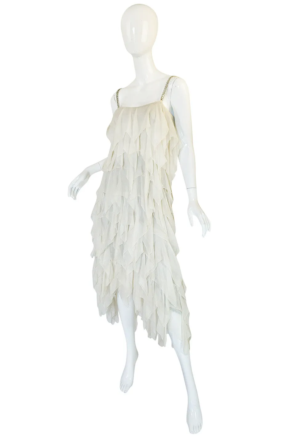 1970s Ivory Silk Chiffon & Silver Stavropoulos Petal Dress