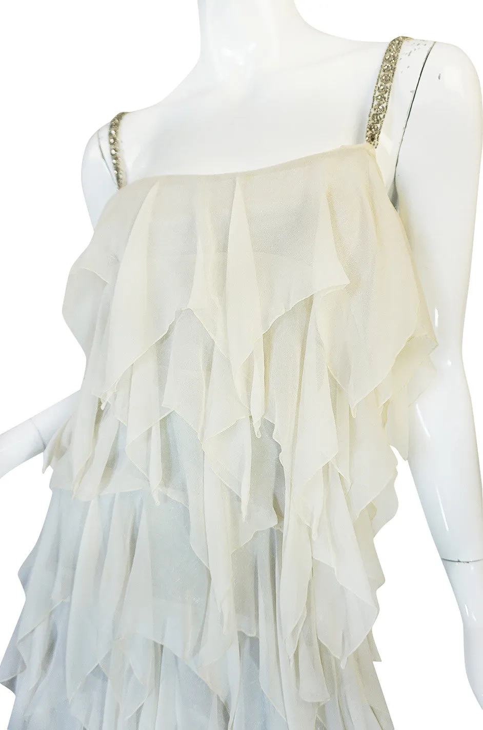 1970s Ivory Silk Chiffon & Silver Stavropoulos Petal Dress