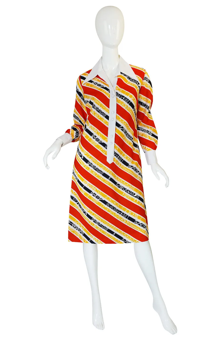 1970s Lanvin Bright Red & Yellow Stripe Printed Shirt Dress