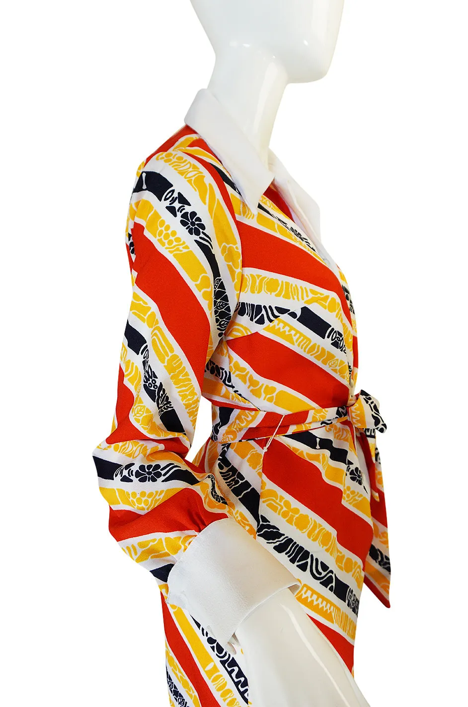 1970s Lanvin Bright Red & Yellow Stripe Printed Shirt Dress