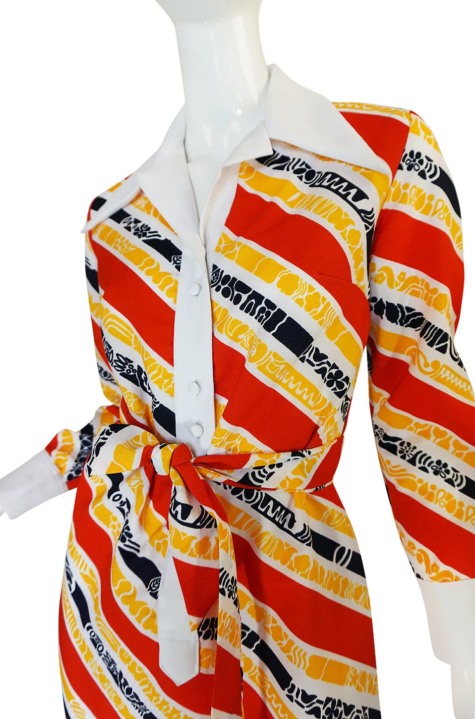 1970s Lanvin Bright Red & Yellow Stripe Printed Shirt Dress