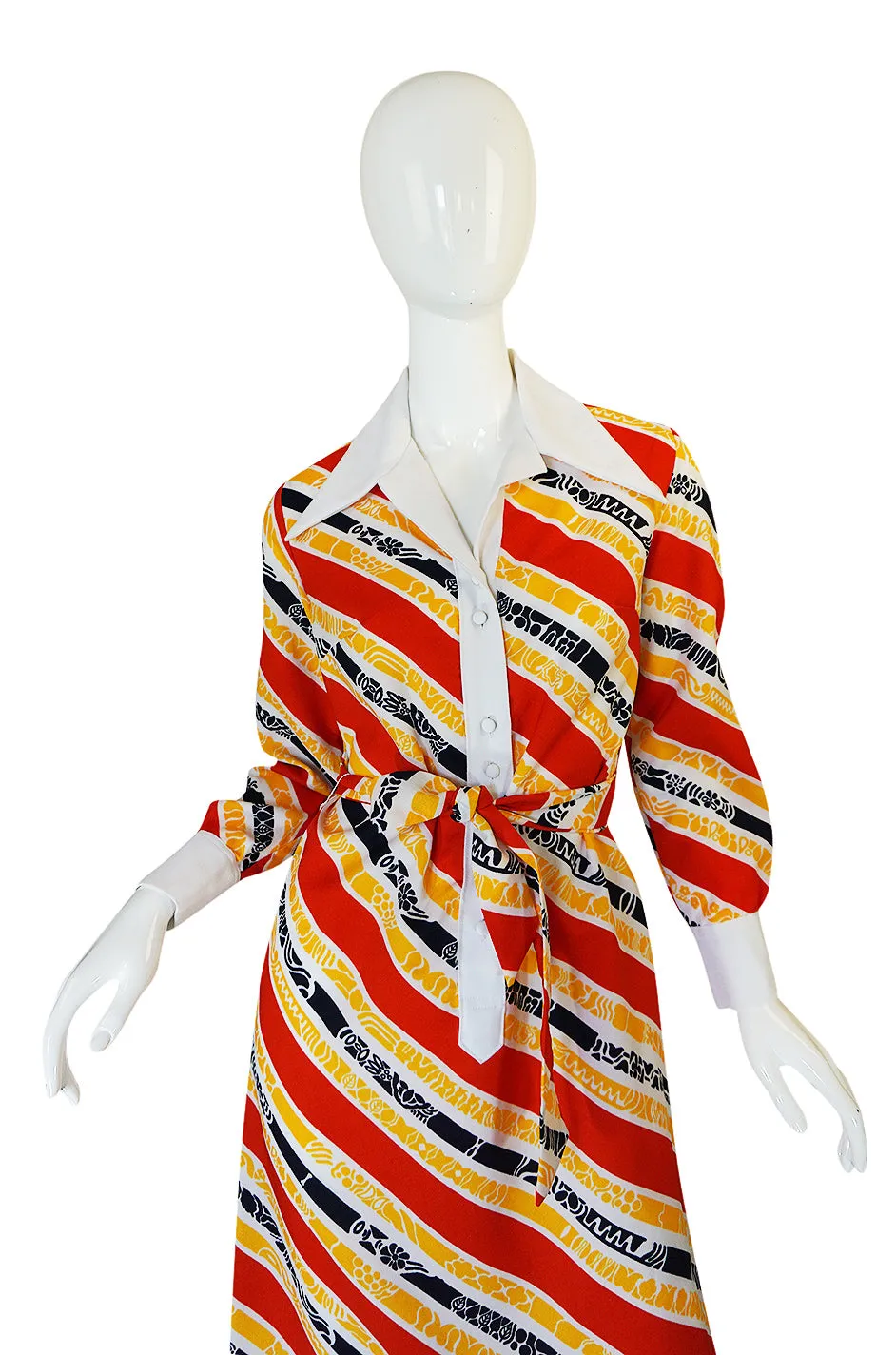 1970s Lanvin Bright Red & Yellow Stripe Printed Shirt Dress