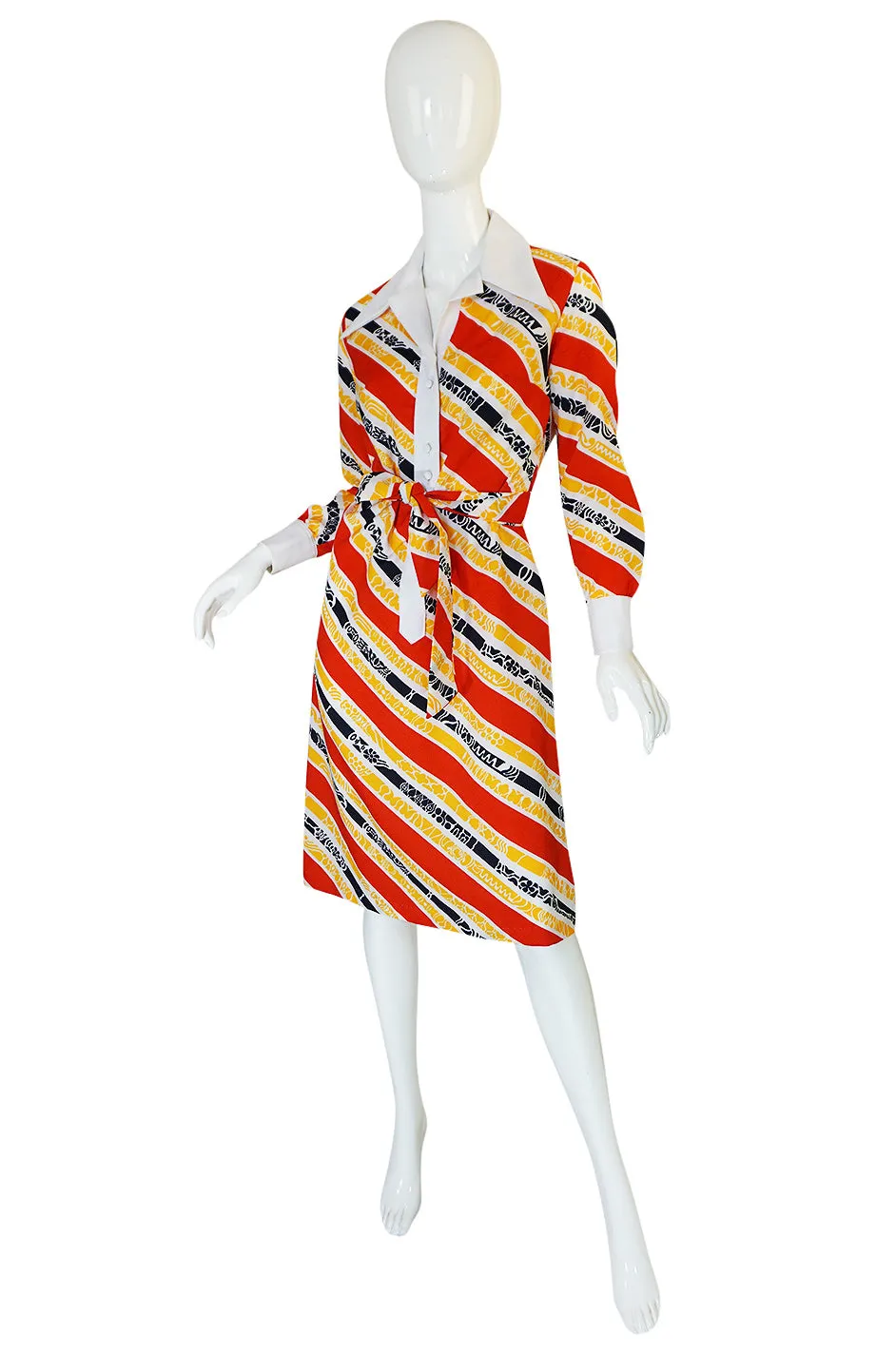 1970s Lanvin Bright Red & Yellow Stripe Printed Shirt Dress