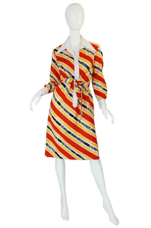 1970s Lanvin Bright Red & Yellow Stripe Printed Shirt Dress