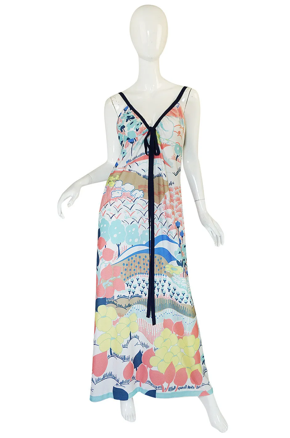 1970s Lanvin Pastel Scenic Printed Jersey Maxi Dress