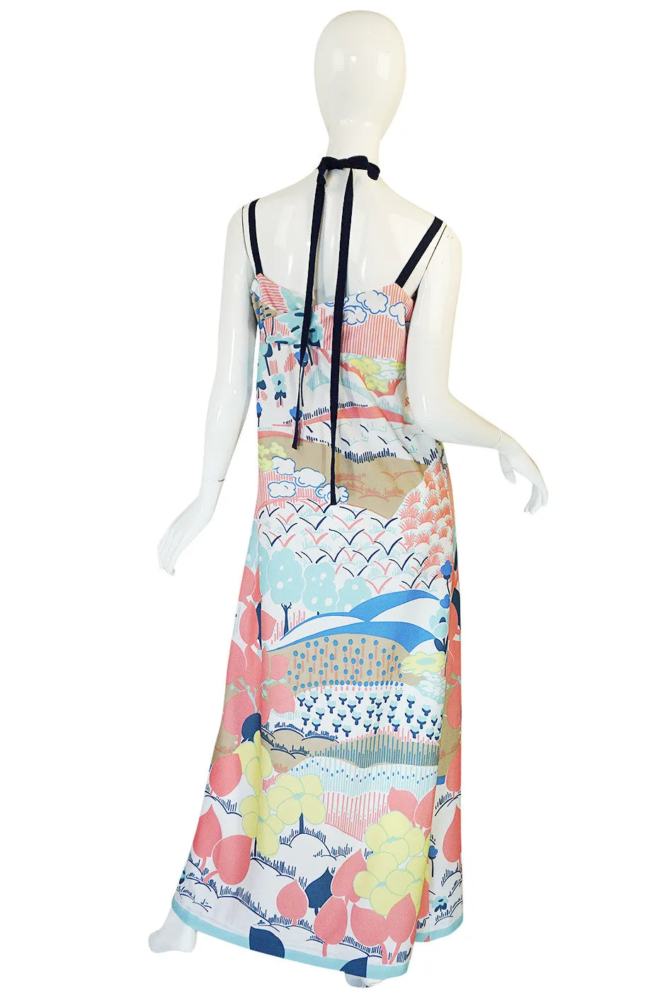 1970s Lanvin Pastel Scenic Printed Jersey Maxi Dress