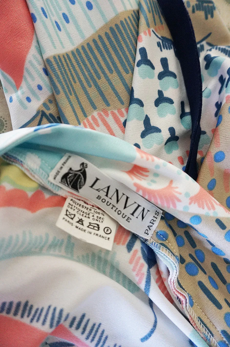 1970s Lanvin Pastel Scenic Printed Jersey Maxi Dress