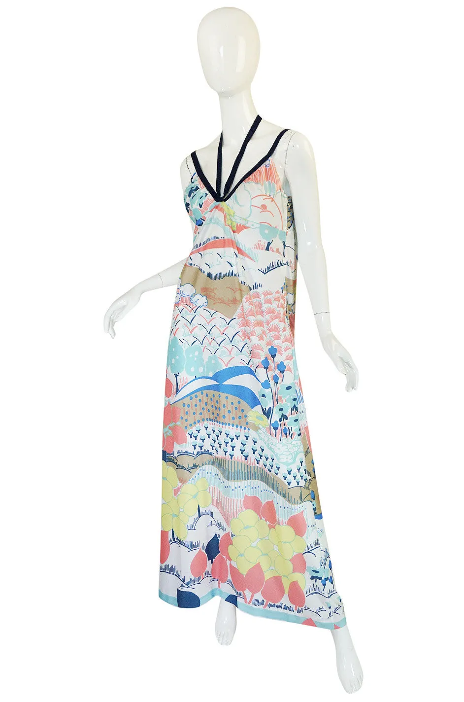 1970s Lanvin Pastel Scenic Printed Jersey Maxi Dress