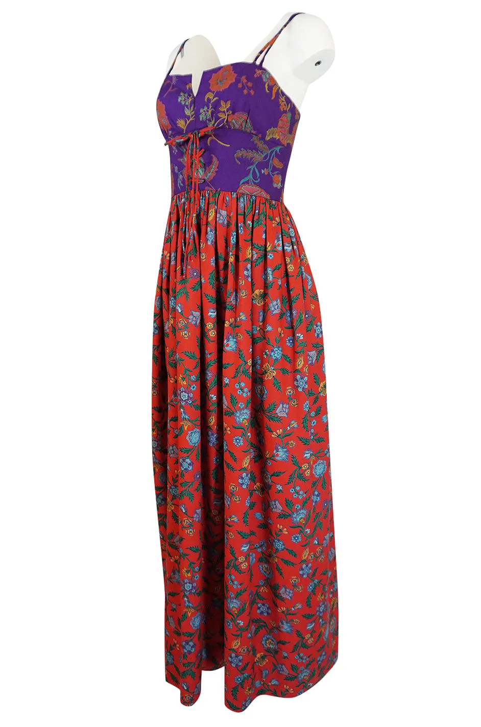 1970s Mollie Parnis Corset Front Purple & Red Floral Print Dress