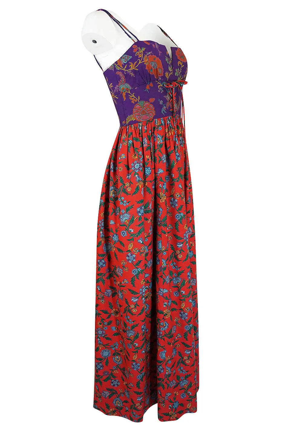 1970s Mollie Parnis Corset Front Purple & Red Floral Print Dress