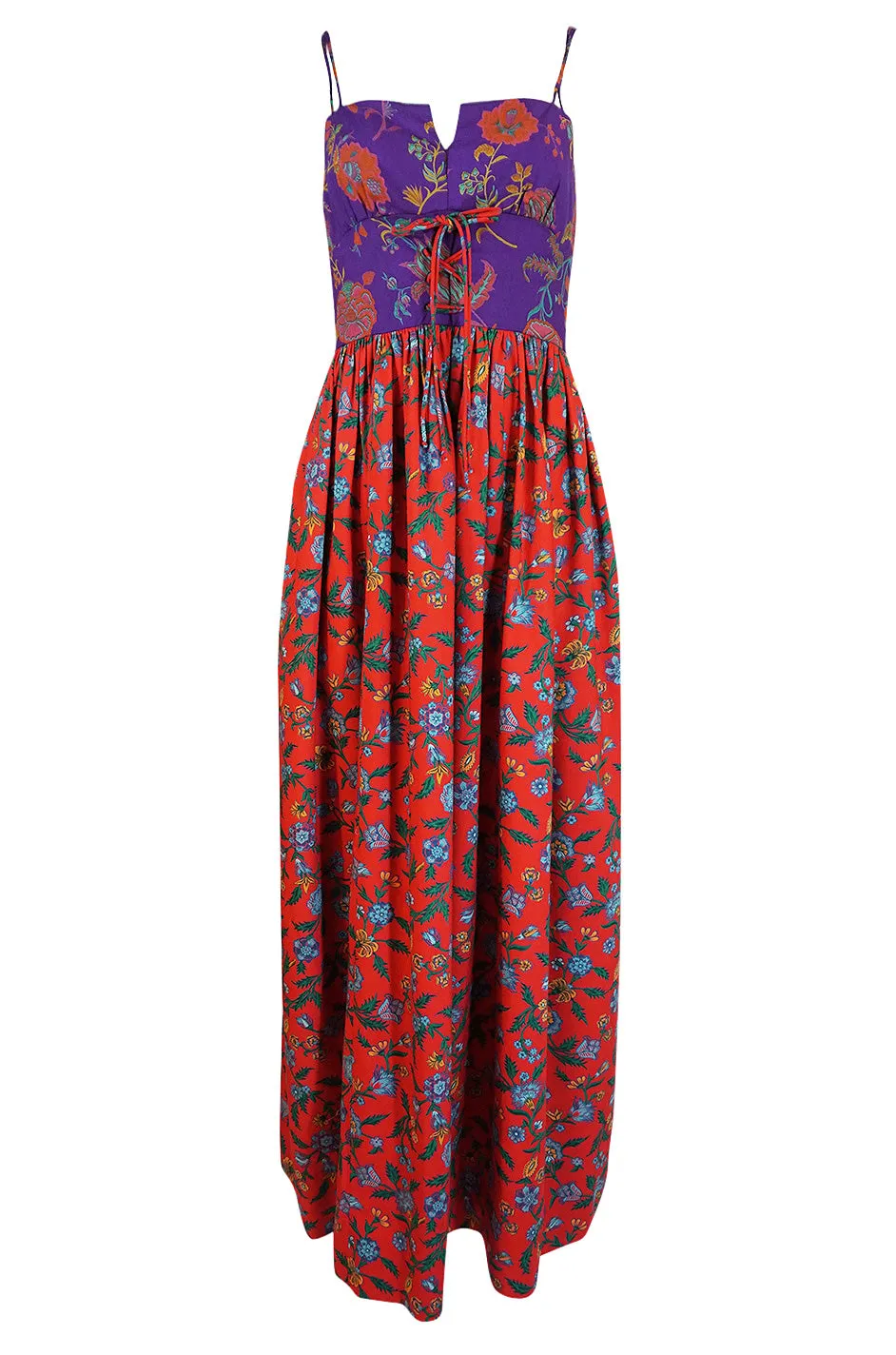 1970s Mollie Parnis Corset Front Purple & Red Floral Print Dress