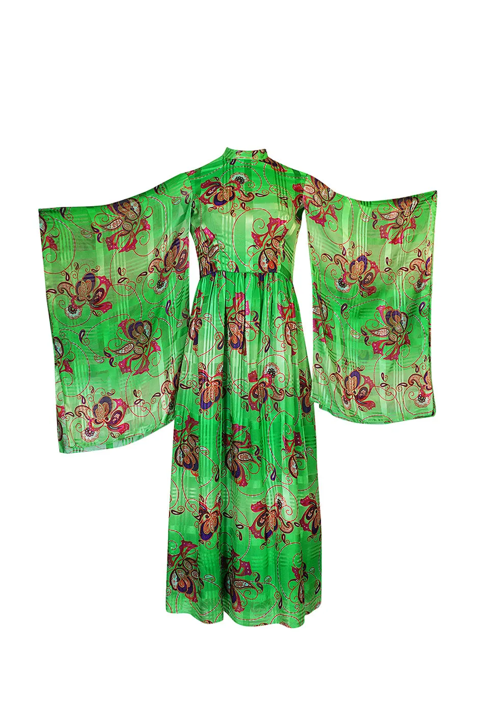 1970s Mollie Parnis Kimono Sleeve Printed Green Silk Dress