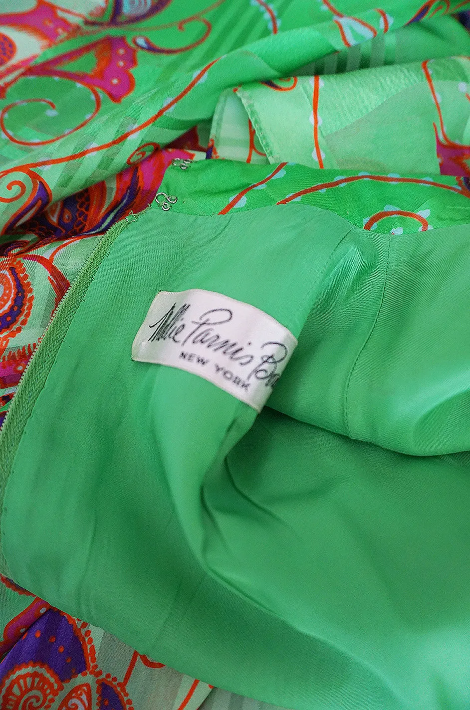 1970s Mollie Parnis Kimono Sleeve Printed Green Silk Dress