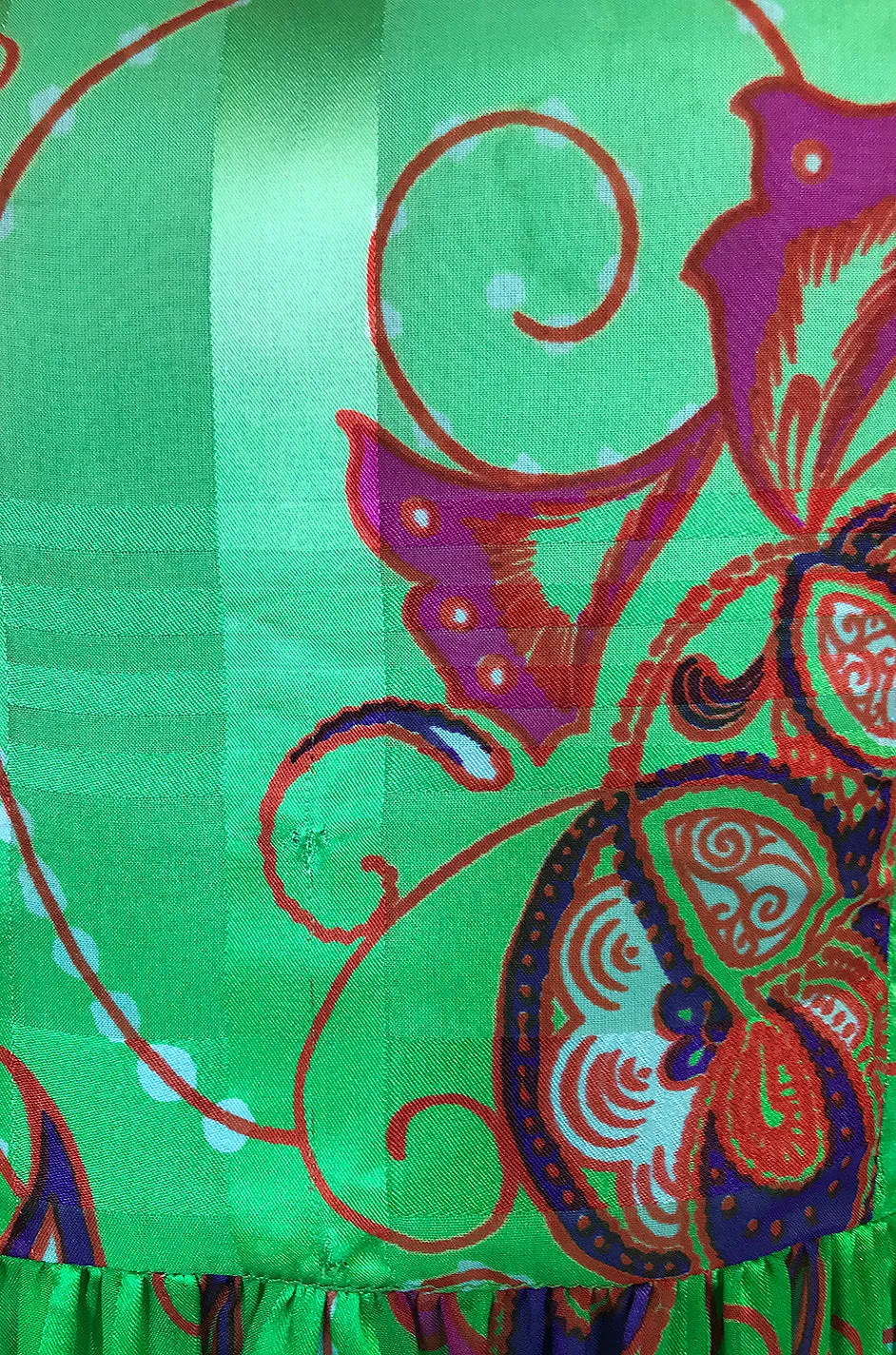 1970s Mollie Parnis Kimono Sleeve Printed Green Silk Dress
