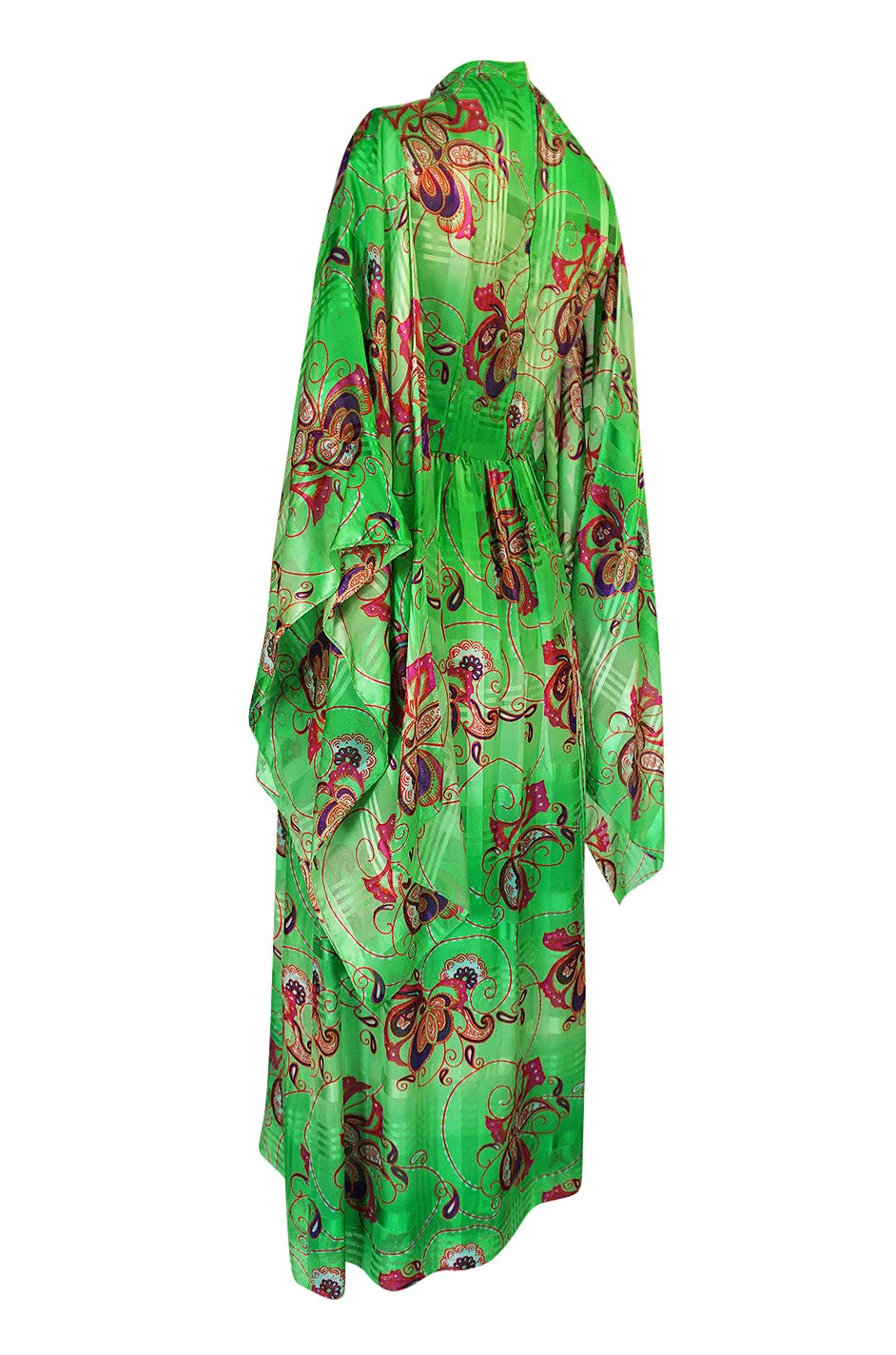 1970s Mollie Parnis Kimono Sleeve Printed Green Silk Dress