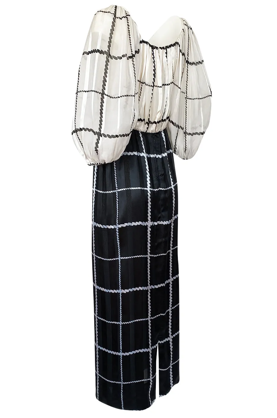 1970s Pauline Trigere Contrasting Black & White Silk Rope Print On or Off Shoulder Dress