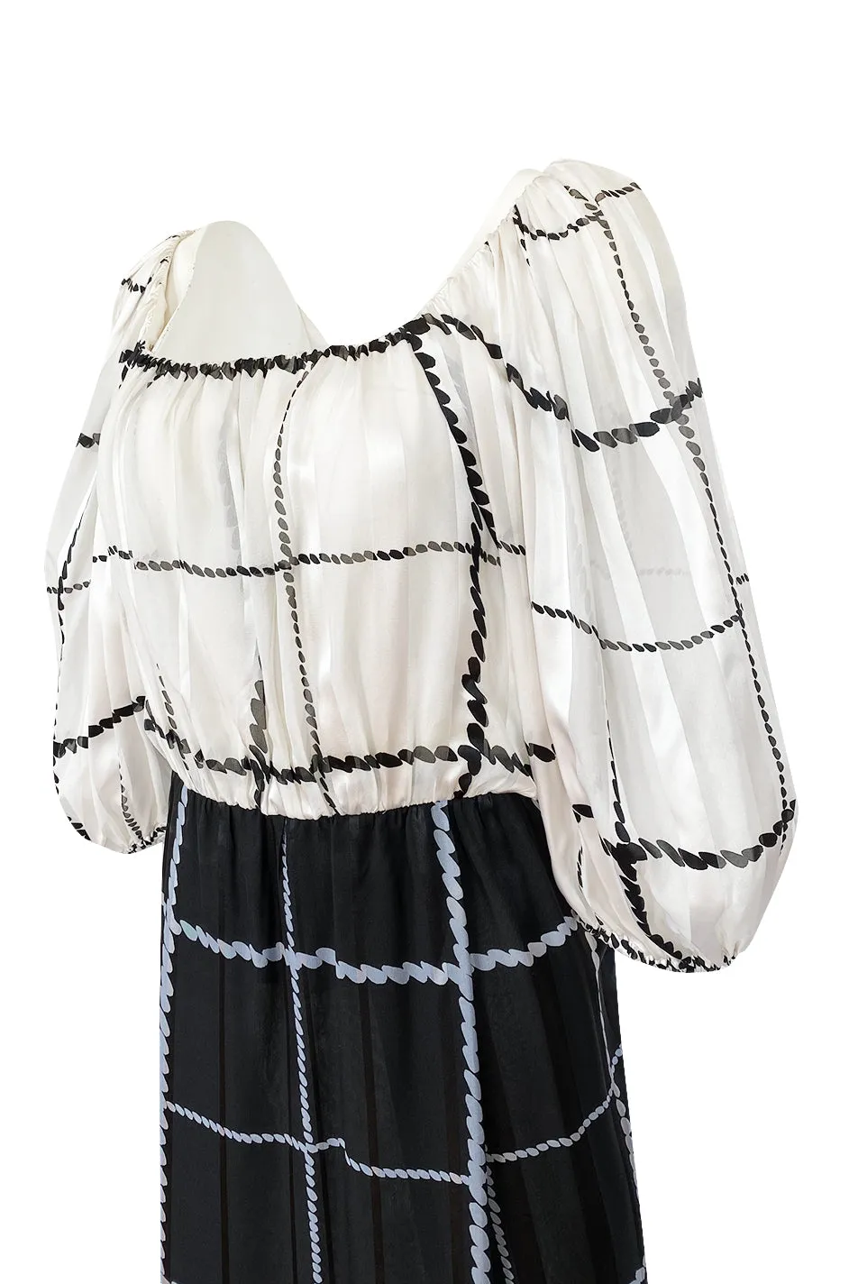 1970s Pauline Trigere Contrasting Black & White Silk Rope Print On or Off Shoulder Dress