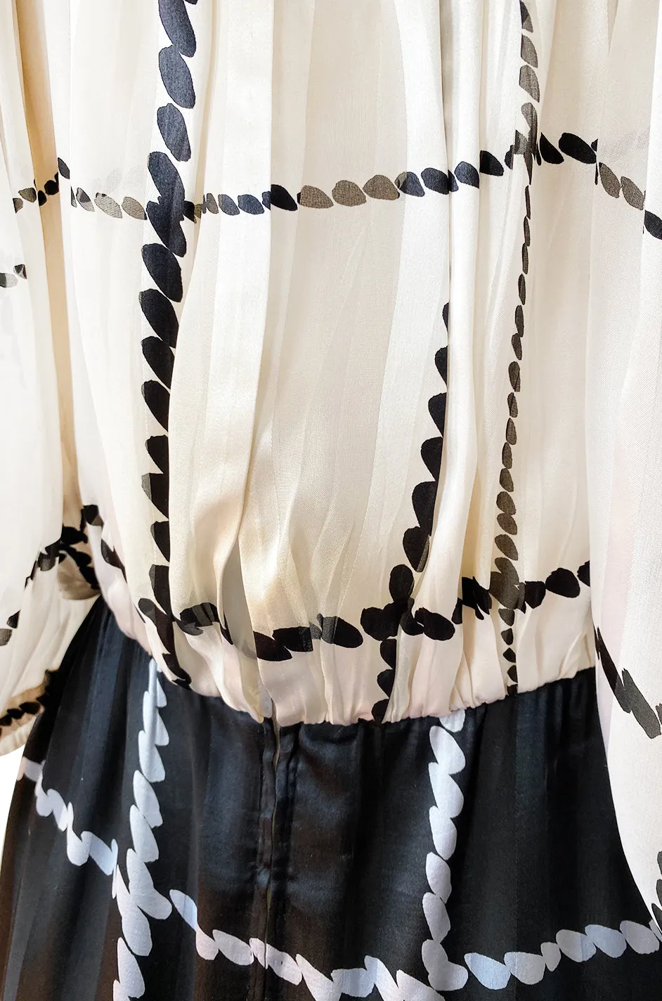 1970s Pauline Trigere Contrasting Black & White Silk Rope Print On or Off Shoulder Dress
