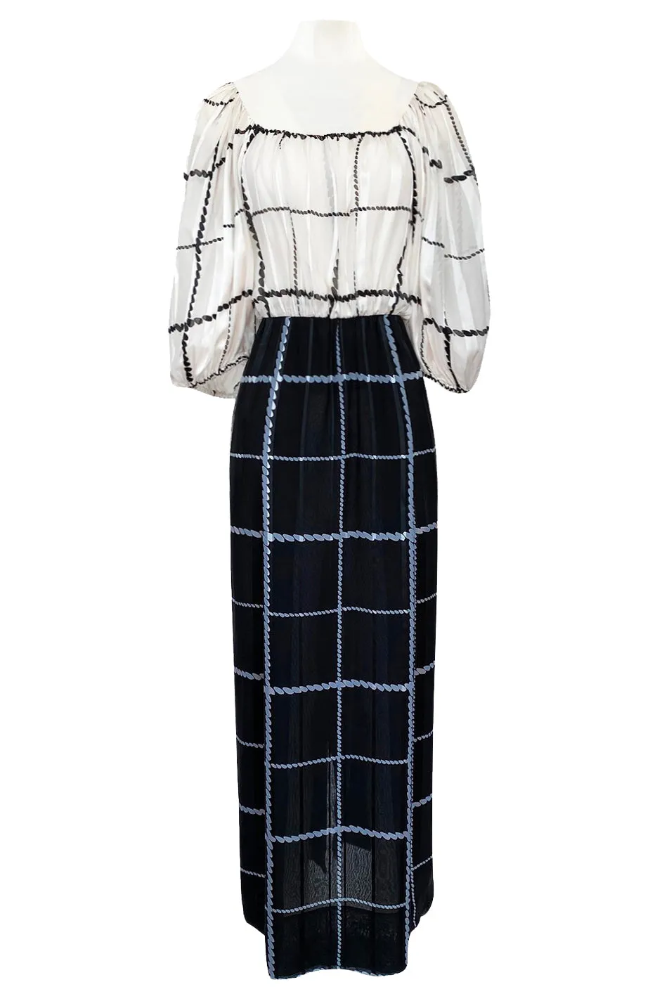 1970s Pauline Trigere Contrasting Black & White Silk Rope Print On or Off Shoulder Dress