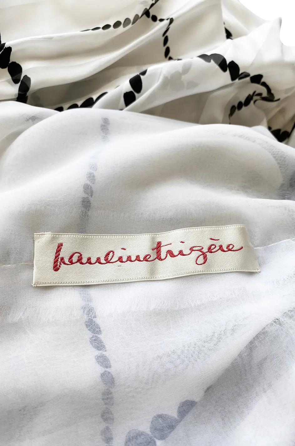 1970s Pauline Trigere Contrasting Black & White Silk Rope Print On or Off Shoulder Dress