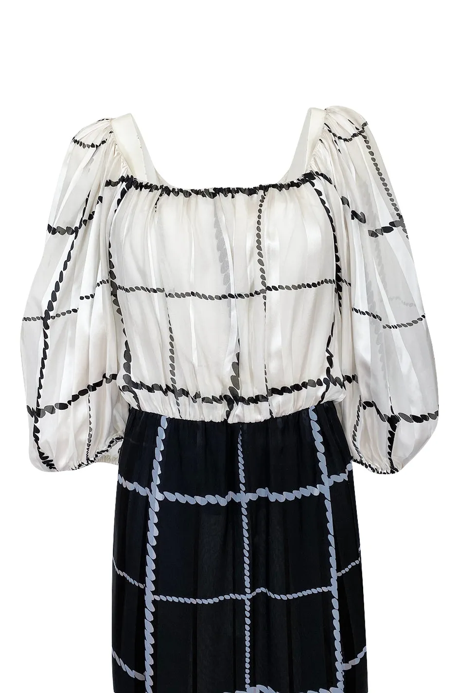 1970s Pauline Trigere Contrasting Black & White Silk Rope Print On or Off Shoulder Dress