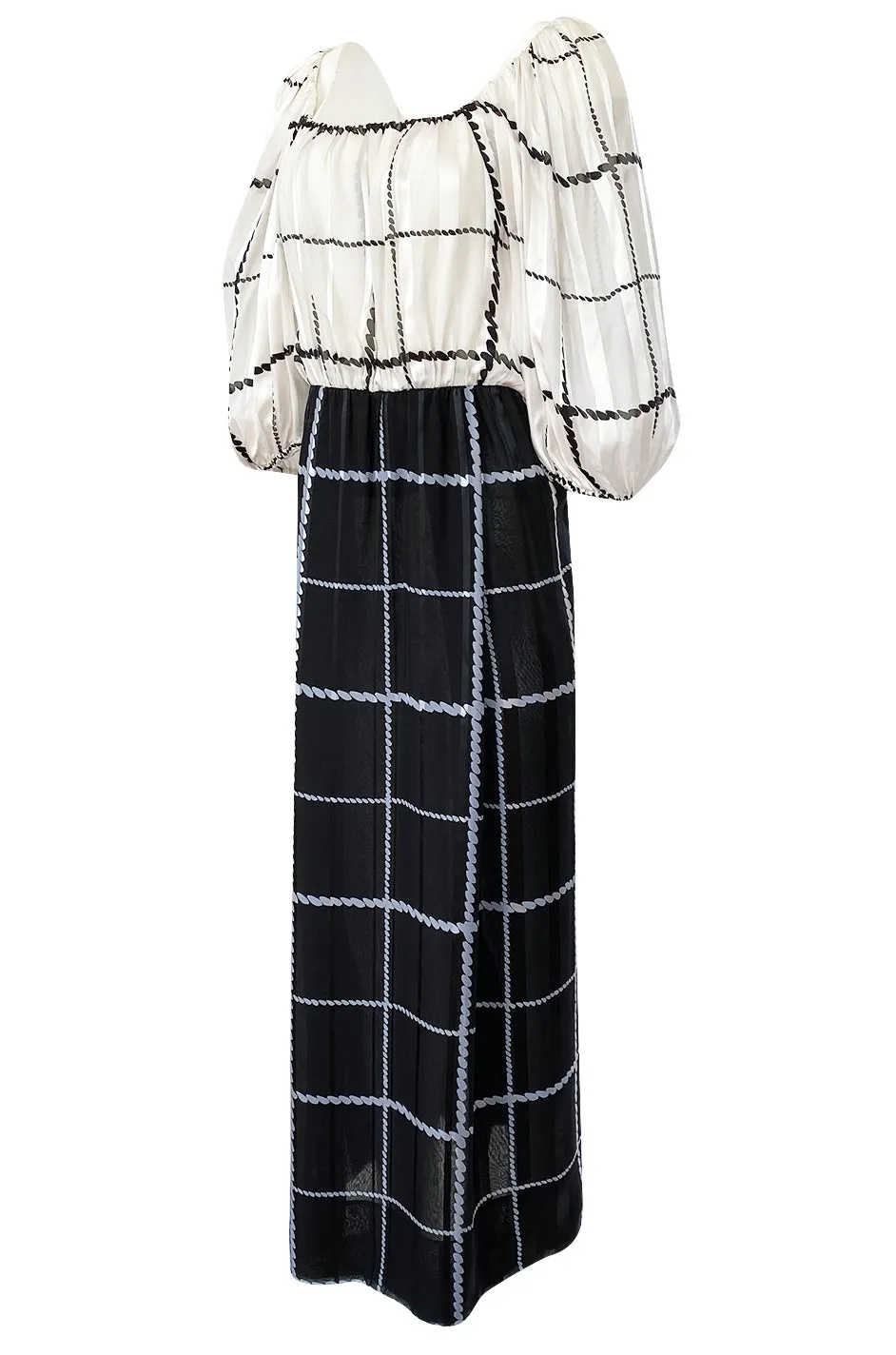 1970s Pauline Trigere Contrasting Black & White Silk Rope Print On or Off Shoulder Dress