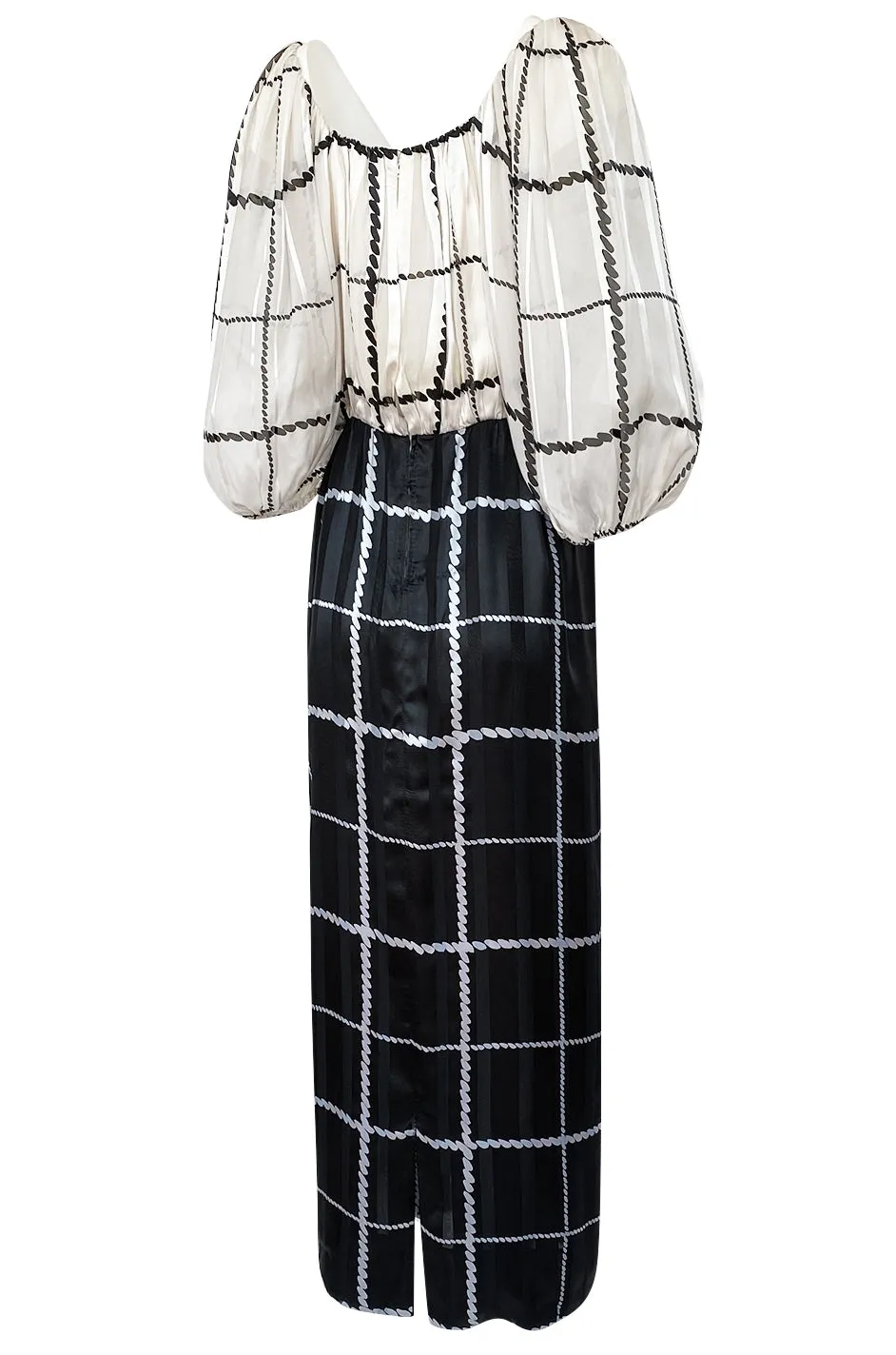 1970s Pauline Trigere Contrasting Black & White Silk Rope Print On or Off Shoulder Dress