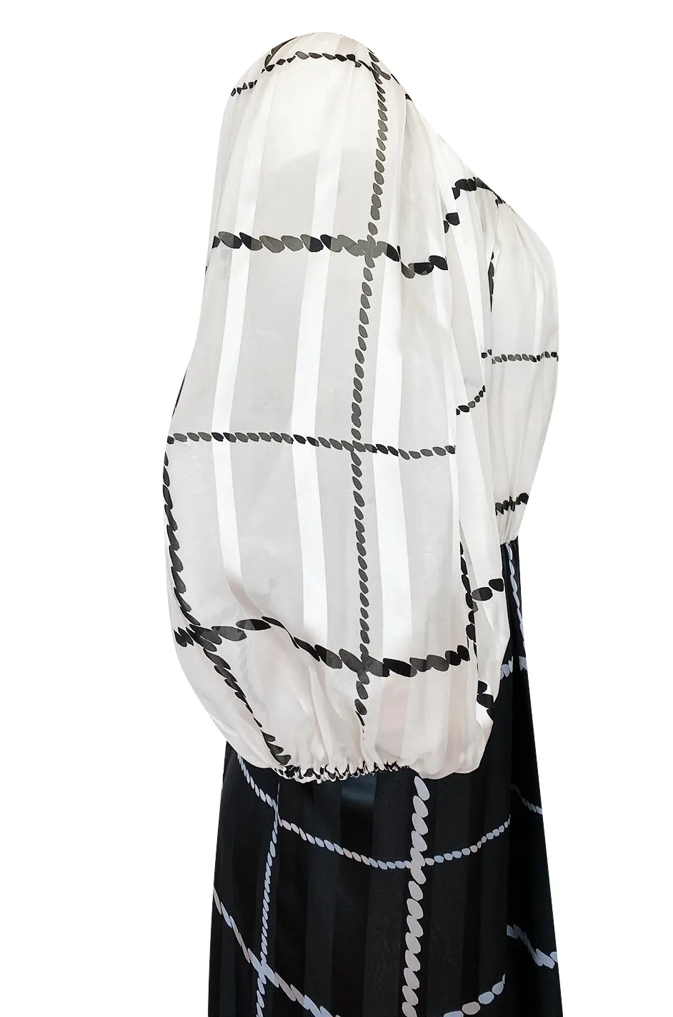 1970s Pauline Trigere Contrasting Black & White Silk Rope Print On or Off Shoulder Dress