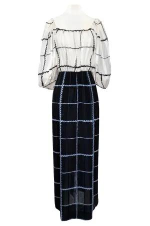 1970s Pauline Trigere Contrasting Black & White Silk Rope Print On or Off Shoulder Dress