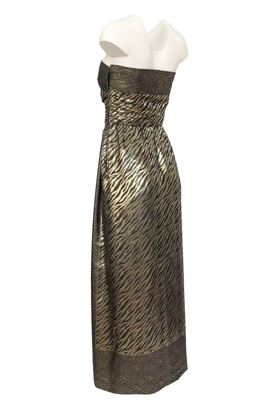 1970s Pauline Trigere Strapless Gold & Black Lame Dress w Huge Shawl