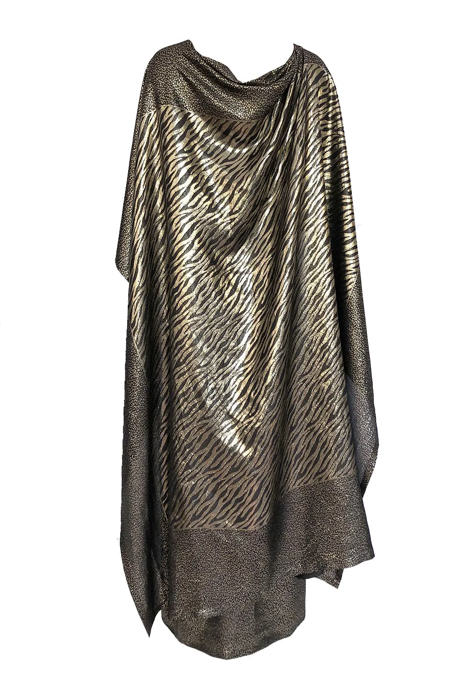 1970s Pauline Trigere Strapless Gold & Black Lame Dress w Huge Shawl