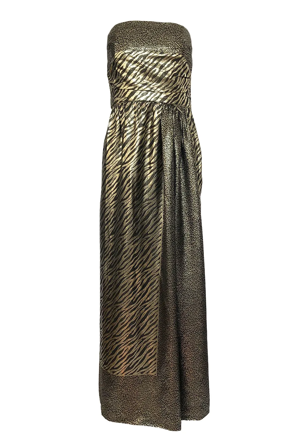 1970s Pauline Trigere Strapless Gold & Black Lame Dress w Huge Shawl