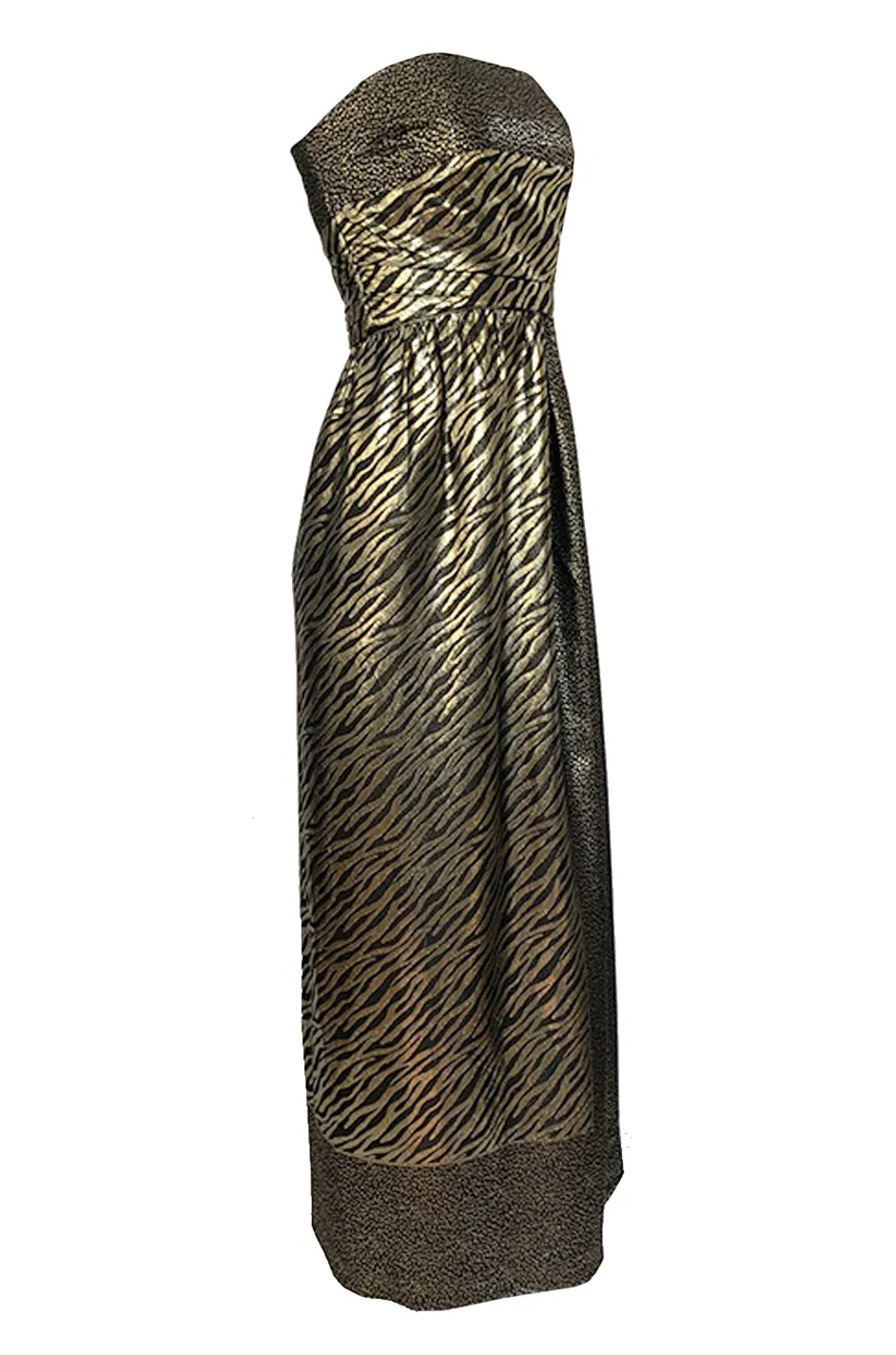 1970s Pauline Trigere Strapless Gold & Black Lame Dress w Huge Shawl