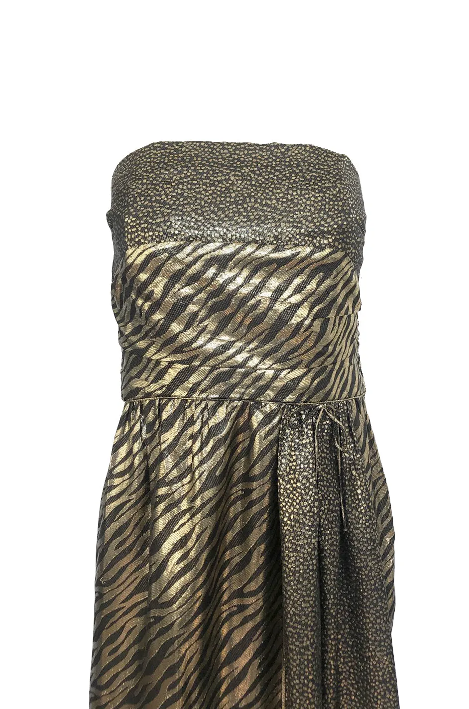 1970s Pauline Trigere Strapless Gold & Black Lame Dress w Huge Shawl