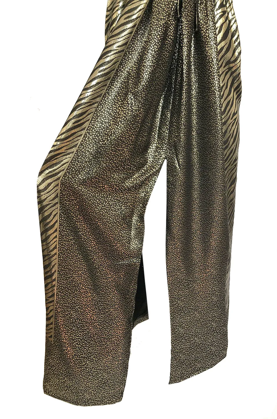 1970s Pauline Trigere Strapless Gold & Black Lame Dress w Huge Shawl
