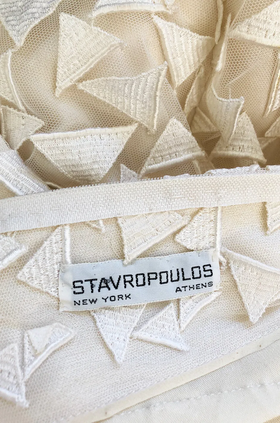 1970s Stavropoulos White Applique & Ivory Net Full Length Sheath Dress