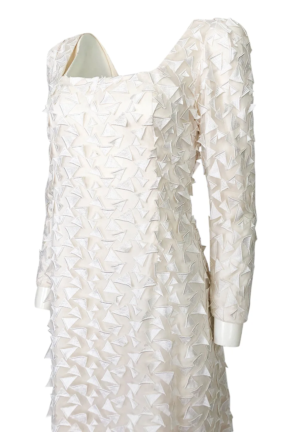 1970s Stavropoulos White Applique & Ivory Net Full Length Sheath Dress