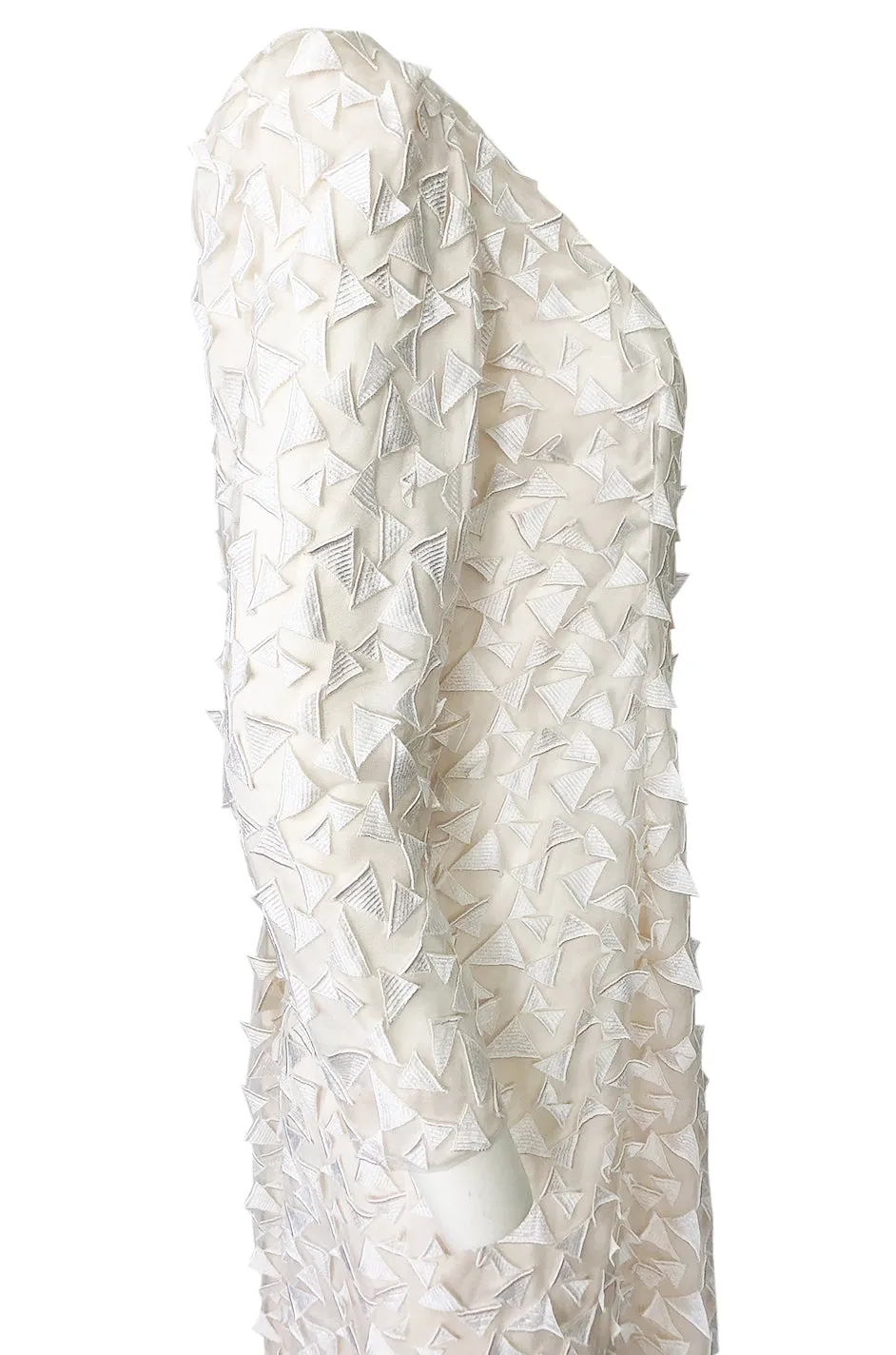 1970s Stavropoulos White Applique & Ivory Net Full Length Sheath Dress