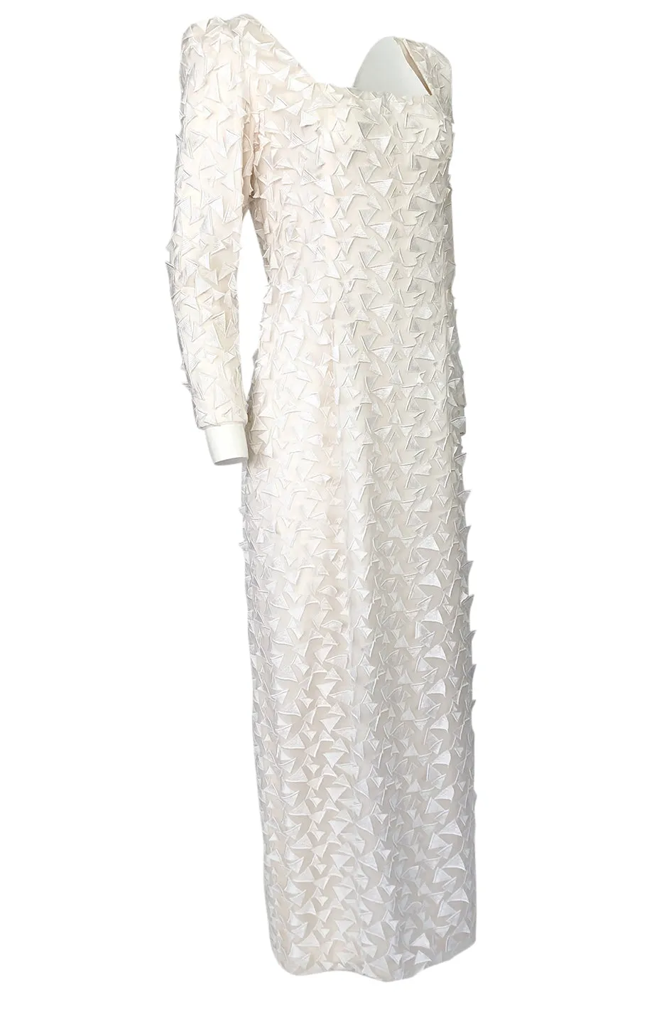 1970s Stavropoulos White Applique & Ivory Net Full Length Sheath Dress