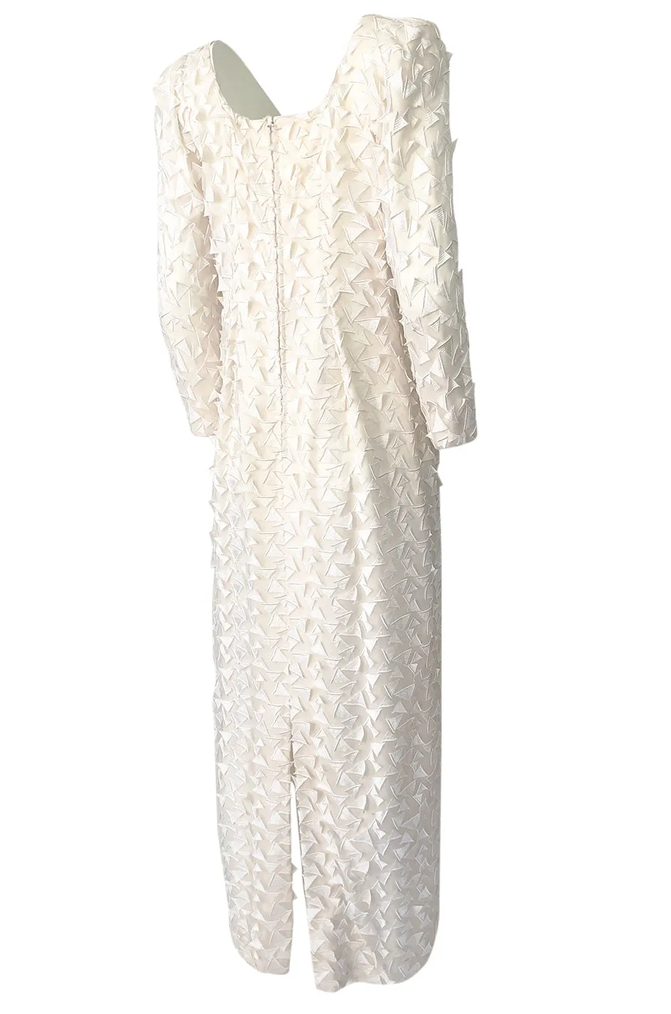 1970s Stavropoulos White Applique & Ivory Net Full Length Sheath Dress