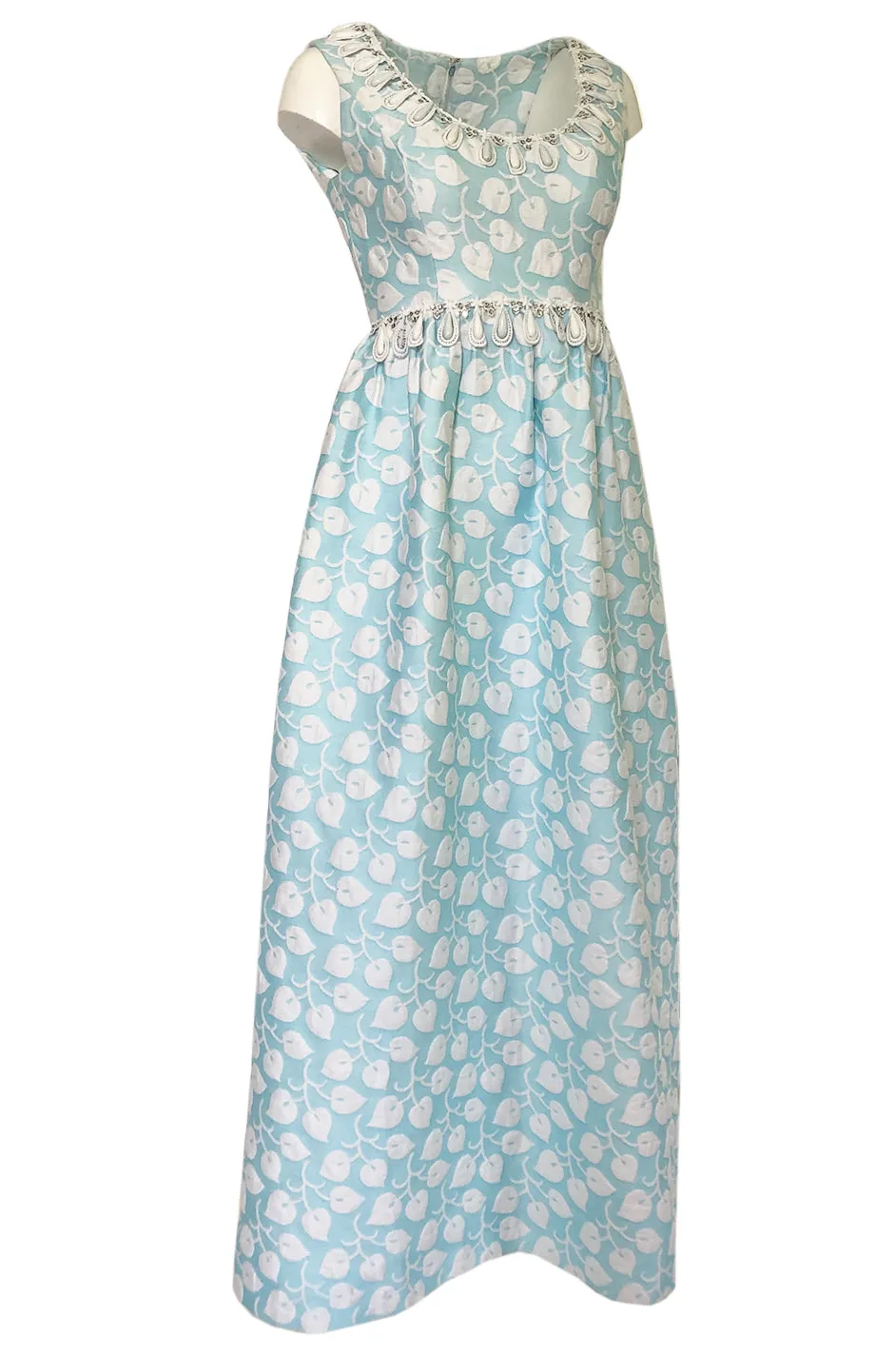 1970s Victor Costa Baby Blue Raised Leaf Patter Dress W Bead Details