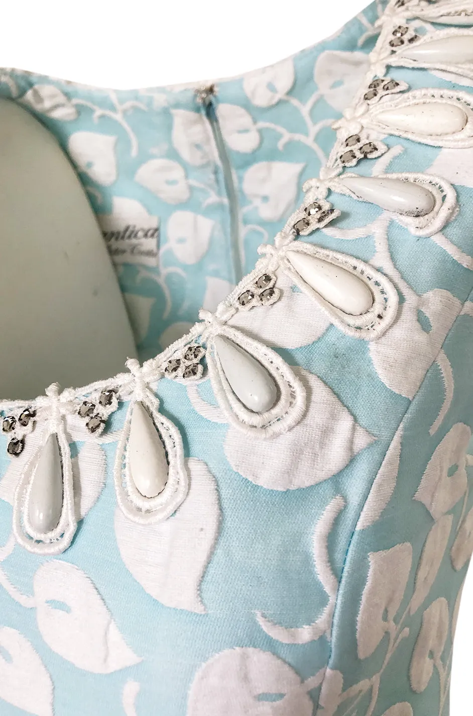 1970s Victor Costa Baby Blue Raised Leaf Patter Dress W Bead Details