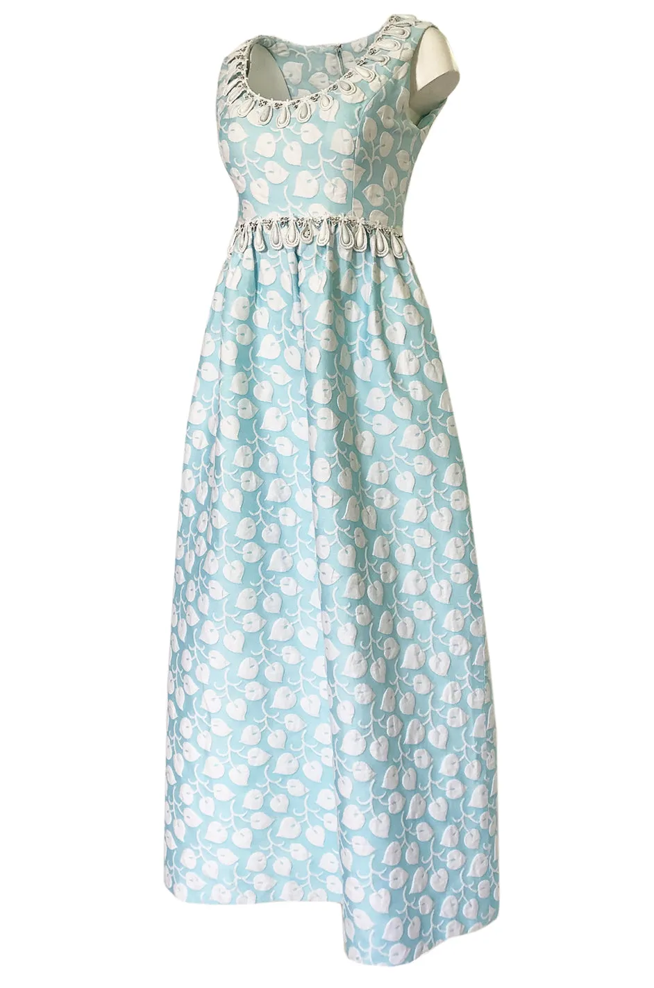 1970s Victor Costa Baby Blue Raised Leaf Patter Dress W Bead Details