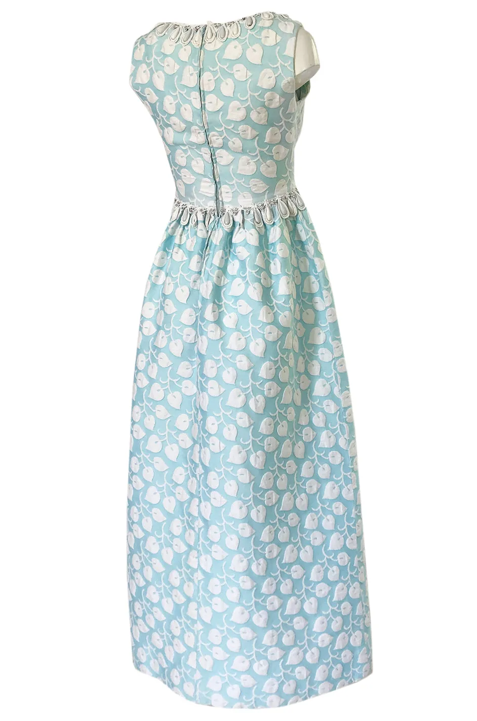 1970s Victor Costa Baby Blue Raised Leaf Patter Dress W Bead Details