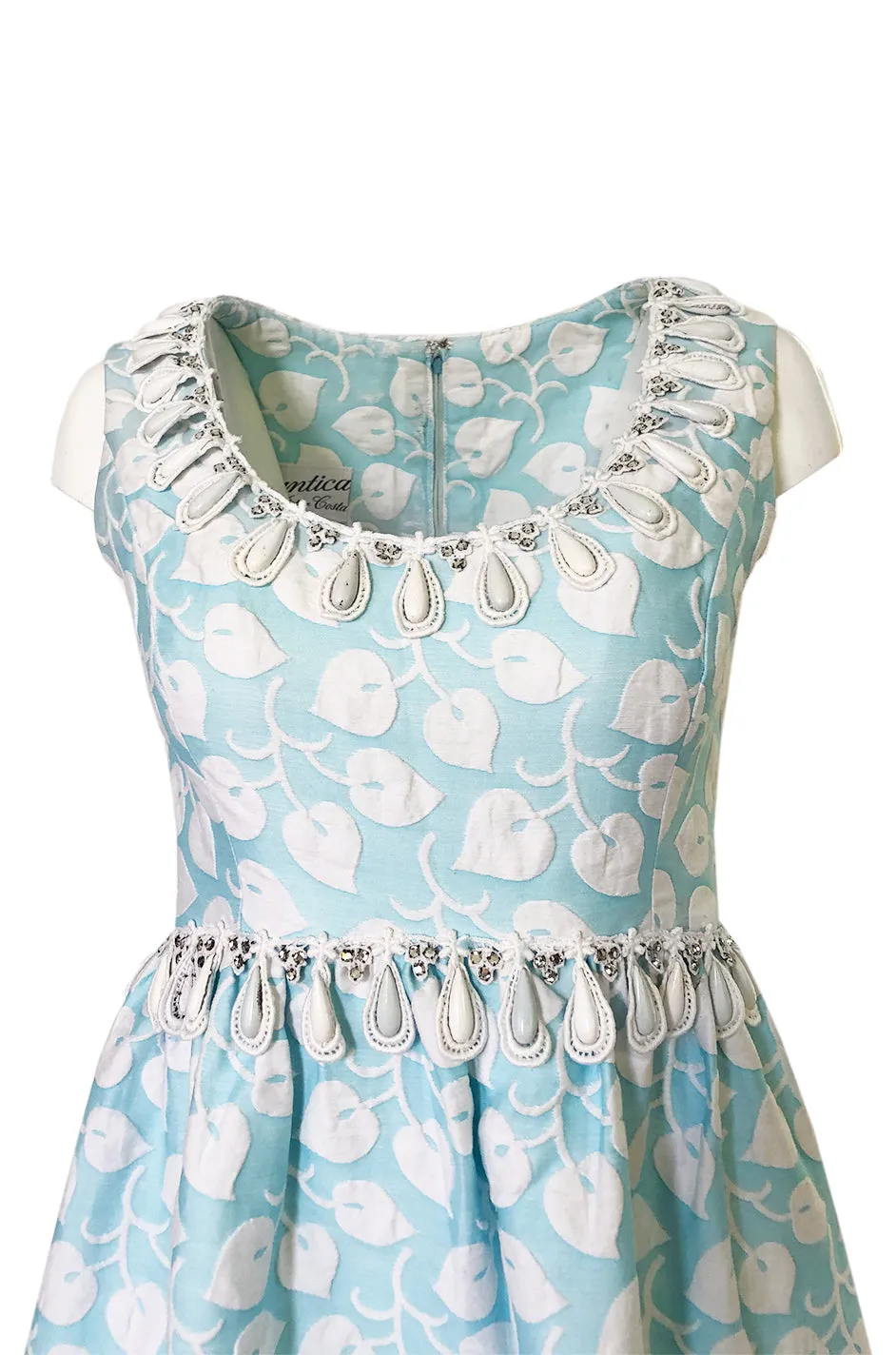 1970s Victor Costa Baby Blue Raised Leaf Patter Dress W Bead Details