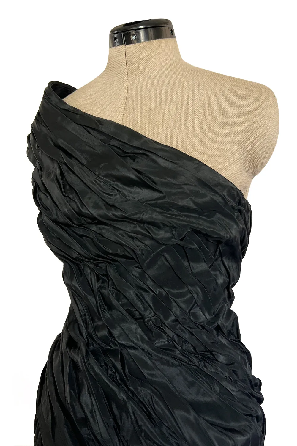1980s Antony Price Hand Gathered One Shoulder Black Taffeta Dress
